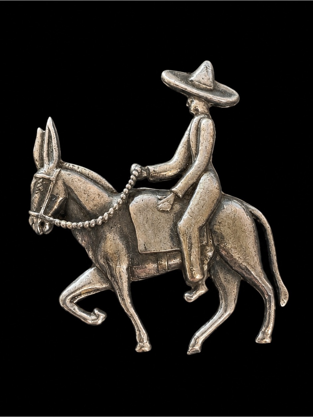 Mid Century Mexico 925 Sterling Silver Cowboy on a Buro “Siesta” Folk Brooch Pin